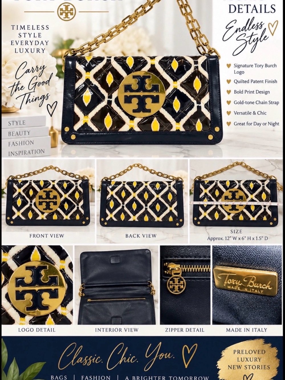 Tory Burch Made in Italy Quilted Patent Geometric Chain Crossbody Bag